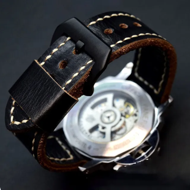 Cinturino Vintage artigianale in pelle nera per orologio Panerai 20-26 mm