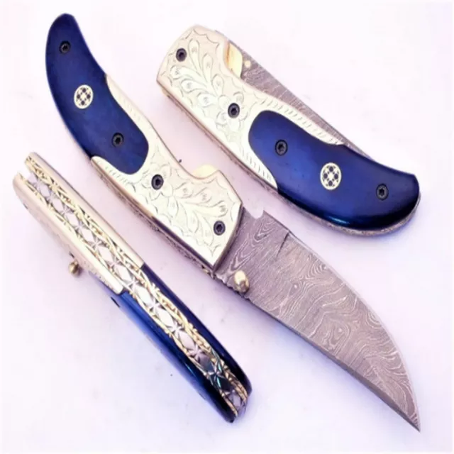 8" Hand Forged Damascus Steel Hunting Knife Custom Handmade Pocket Folding Knife
