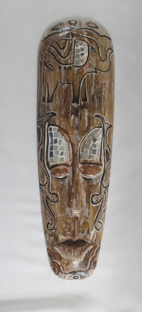 VTG 20" HANDCARVED MIRROR SHARD EMBELLISHED African Tribal/Ethnic Wood Wall Mask
