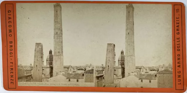 Brogi, Stéréo, Italie, Bologna, torre degli Asinelli e torre Garisenda Vintage s