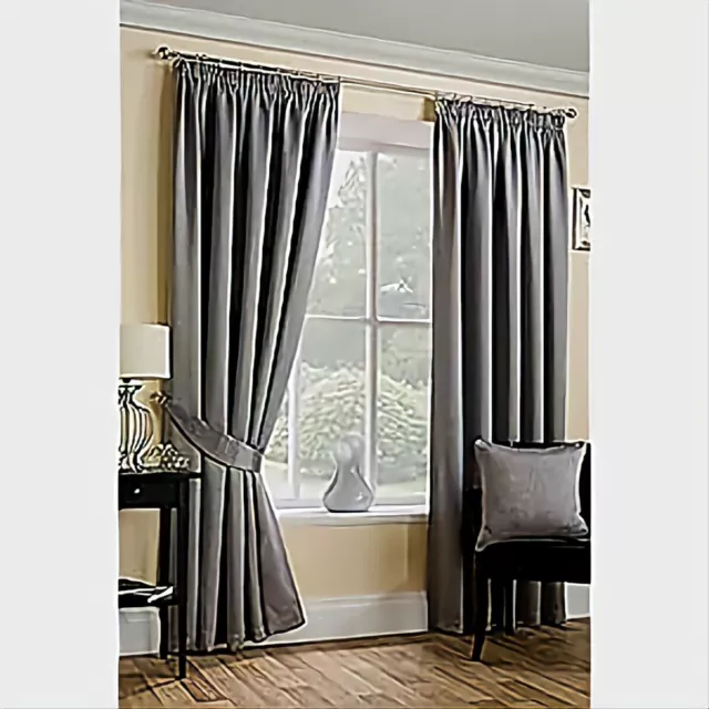 Sateen Woven Blackout Grey Pencil Pleat/Tape Top Unlined Readymade Curtain Pair