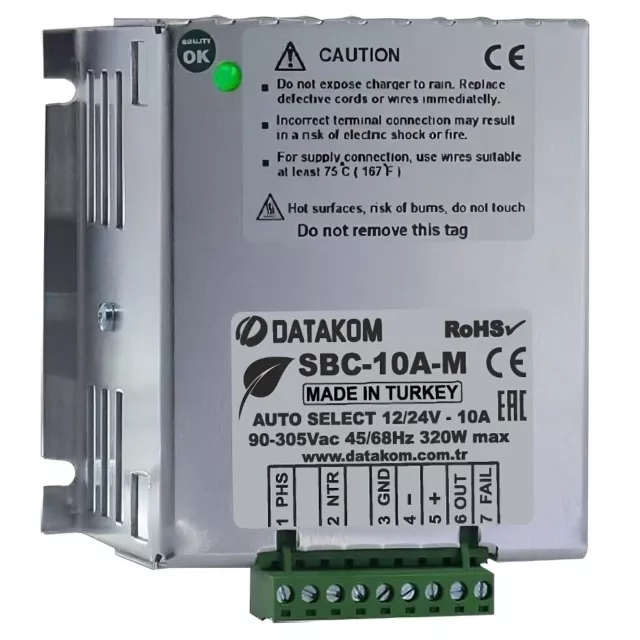 DATAKOM SBC-10A-M 12/24V Auto select, 10A, 4 Stages, 90-305 Vac Battery Charger