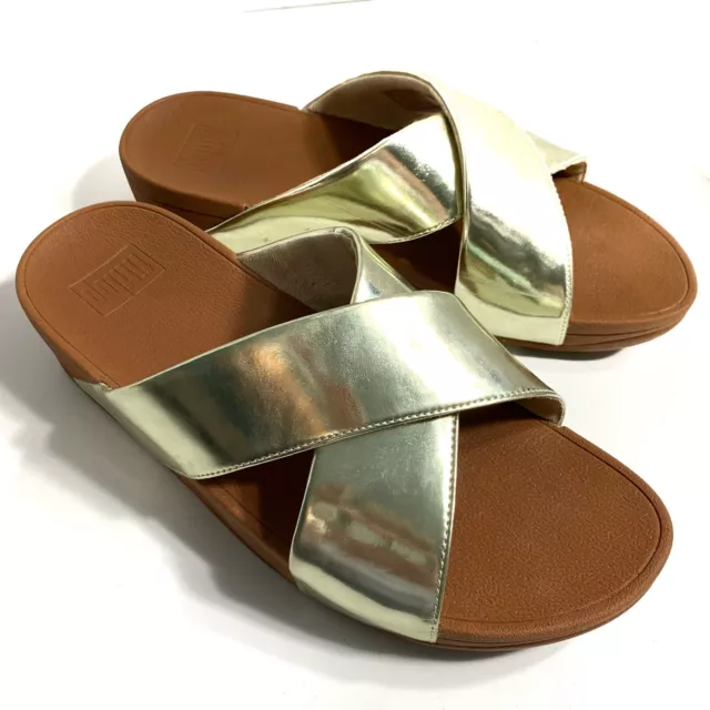 Fitflop Womens Lulu Cross Glitz Slide Sandal Shoes Gold Size 9