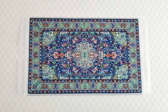 Dollhouse Miniature Rug Small Blue Green 6 1/4" x 3 3/4" with Fringe 1:12 Scale