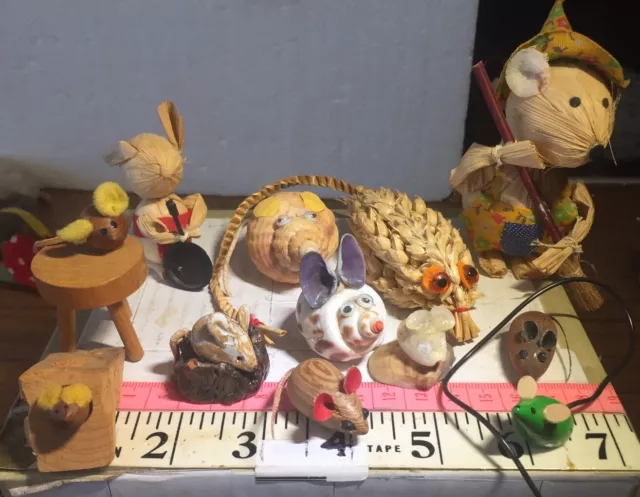 11 Vintage Retro Cute Pretty Mouse/Mice Wood Shell Straw Clay Ornament Figurines