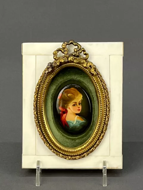 Hand-Painted Miniature 2" Portrait on Porcelain of Young Lady