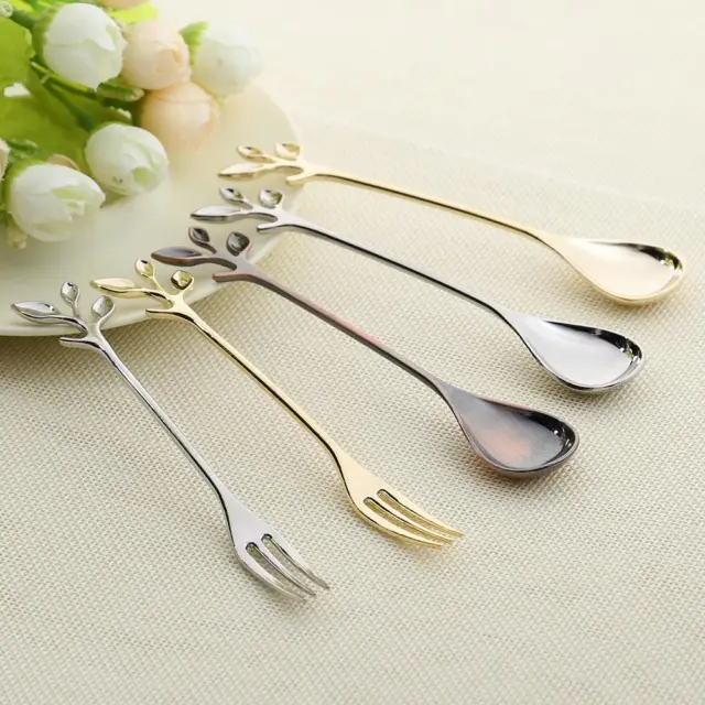 T0# Leaf Shape Gold Silver Coffee Spoon Fork Kitchen Dining Room Bar Cutlery