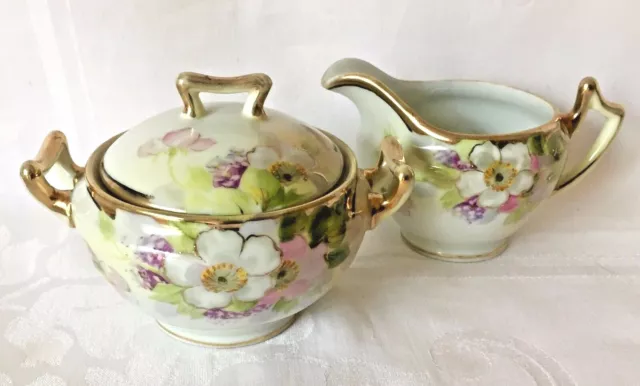 ELEGANT HANDPAINTED NIPPON CREAMER & SUGAR BOWL, MORIAGE, WREATH MARK, c1890