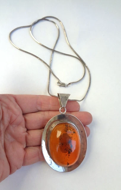 Big Vintage Taxco Mexico Sterling Silver 925 Amber Pendant Necklace