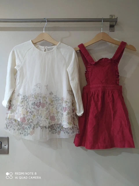 Girls Net Floral Dress & Cord Pinafore Bundle, Cream & Red VGC Age 2-3