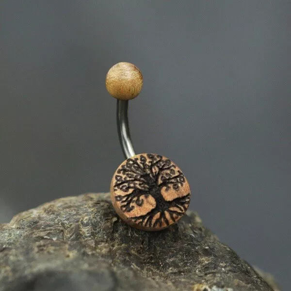 14G OLIVE WOOD Tree Of Life BELLY RING 1.6MM NAVAL BAR BOHO ORGANIC JEWELRY