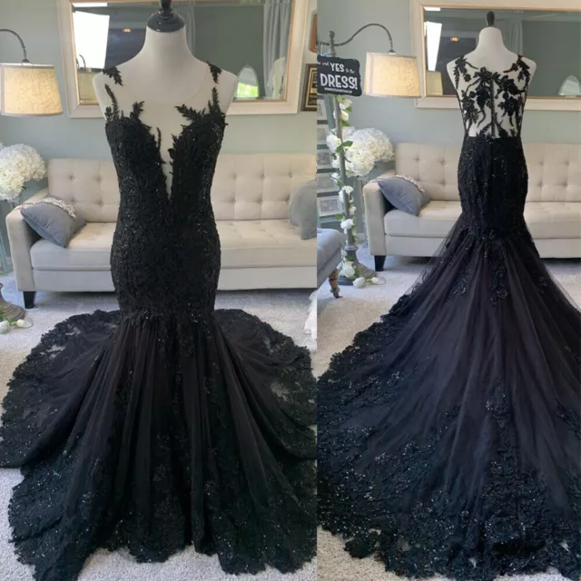Black Wedding Dresses Mermaid Beading Gothic Lace Appliques Bridal Gowns Train