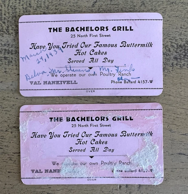 Vintage California Bachelors Grill Restaurant Ballard 1939 Business Cards DAMAGE