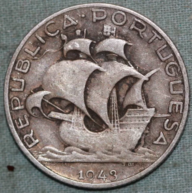 Portugal 1943 ~ Silver 2.5 Escudos ~ WWII ~ 93¢ tracked shipping