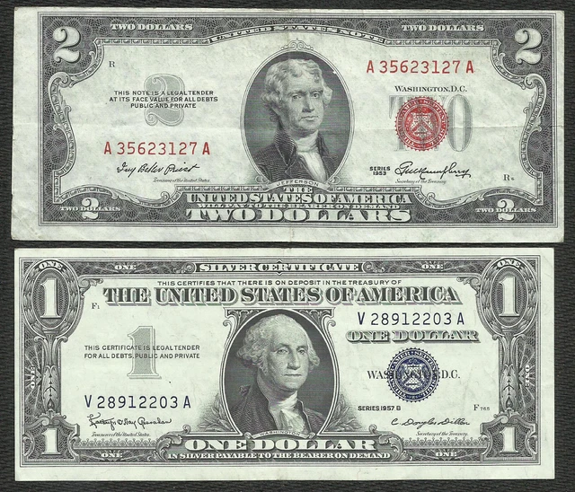 1953 $2 RED! 1957B $1 *SILVER* (~ 2 VF Notes ~) Old US Paper Money Currency!