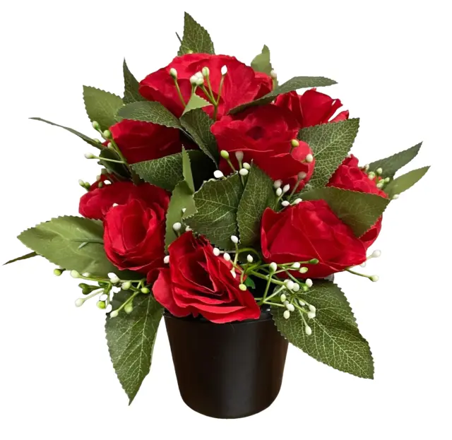 Artificial flowers arrangement In Memorial Grave Pot. Red roses with Gyp 010