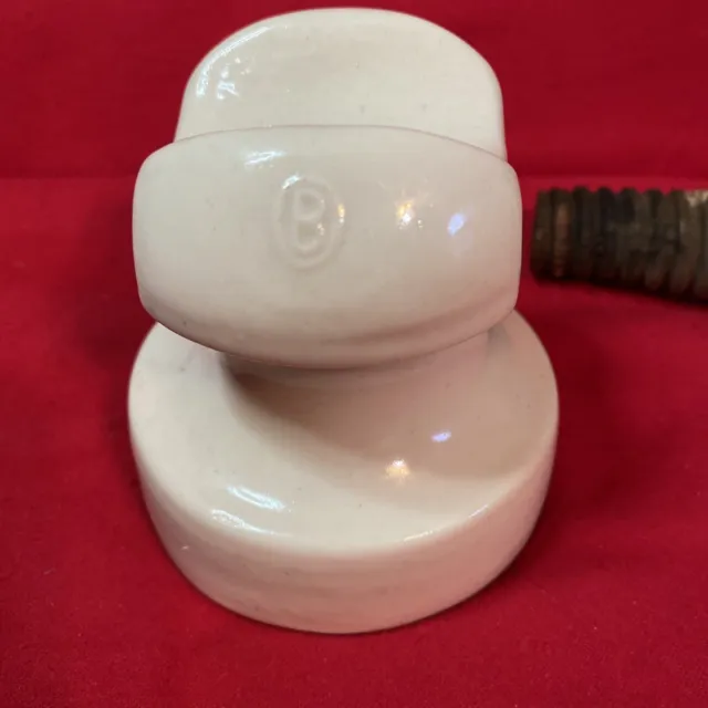 Porcelain Insulator With Wooden Screw In Post. Ohio Brass B In Oval Marking