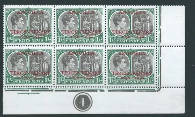 ST KITTS NEVIS GVI 1950 SG91 1/- opt block 6 marginal +control 1 u/m. Cat £9.60