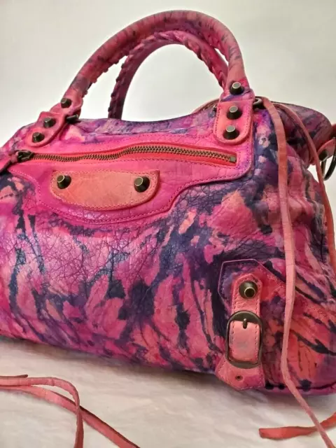 Balenciaga dyed graffiti pink denim blue purple 2way classic city bag crossbody