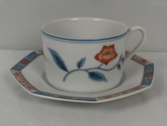 Fitz & Floyd Jardin de chine Flat Cup & Saucer Rust Flowers/Blue Stems & Panels