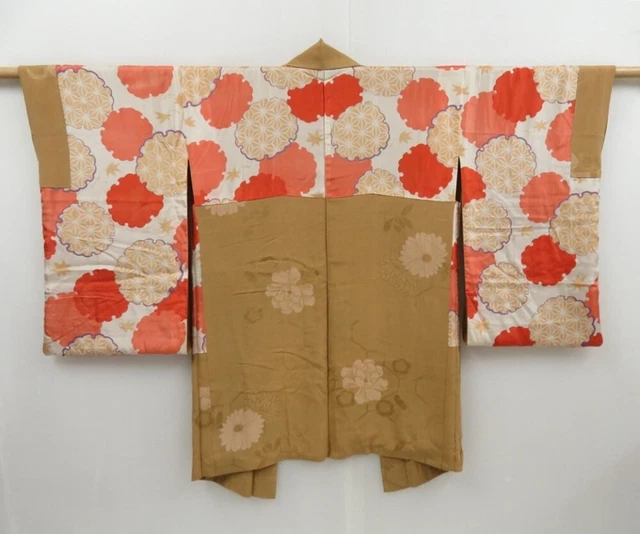 3203T12z440 Vintage Japanese Kimono Silk HAORI Peony Ochre