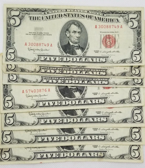 1953/63 Five Dollar RED Seal Note United States Note Old US Bill $5 Average Circ