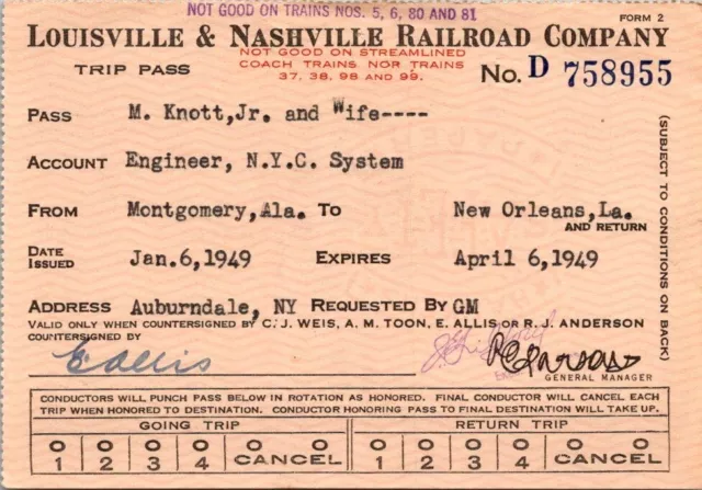 1949 Louisville & Nashville Railroad Ticket Stub - Trip Pass
