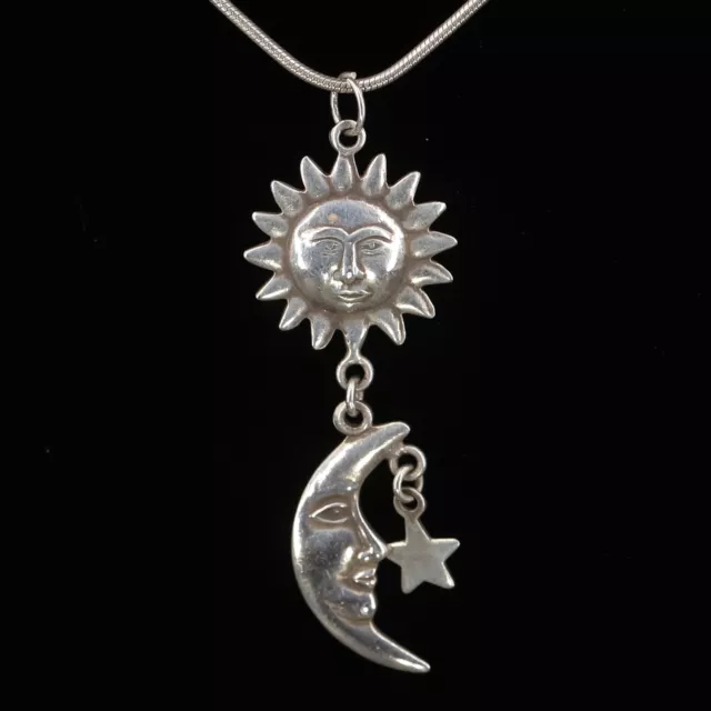 VTG Sterling Silver - Man in the Moon & Sun Face Pendant 18.5" Necklace - 8g