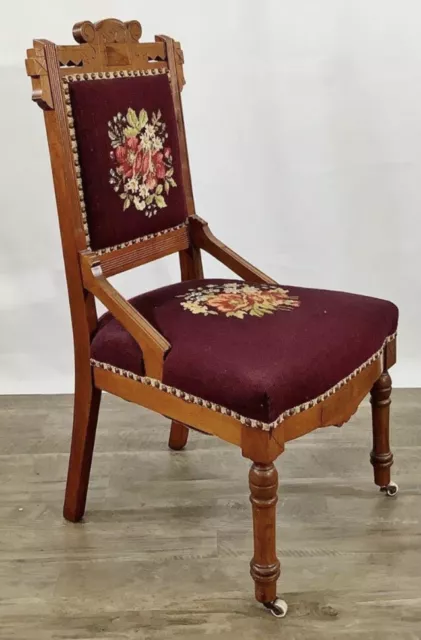 Antique Victorian EASTLAKE Walnut & Needlepoint Carved Fire Place Side Chair 3