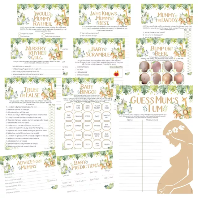 Juego de baby shower - tarjetas de predicción de safari, unisex, animales, verde, selva, mamá