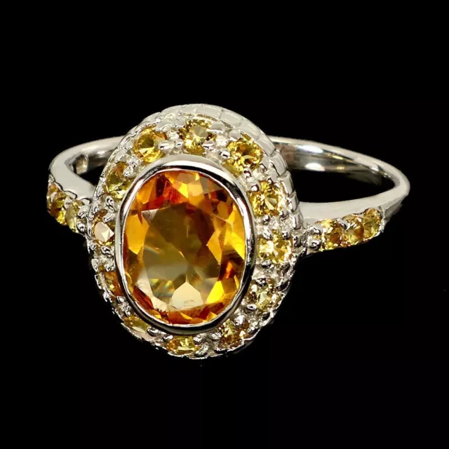 OVAL YELLOW CITRINE 9x7mm HALO 925 ST. SILVER 14KT WHITE GOLD PLATED RING SIZE 9