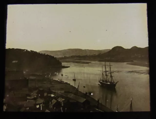 Glass Magic Lantern Slide CONWY HARBOUR FROM CASTLE C1910 WALES  RIGGED SHIP