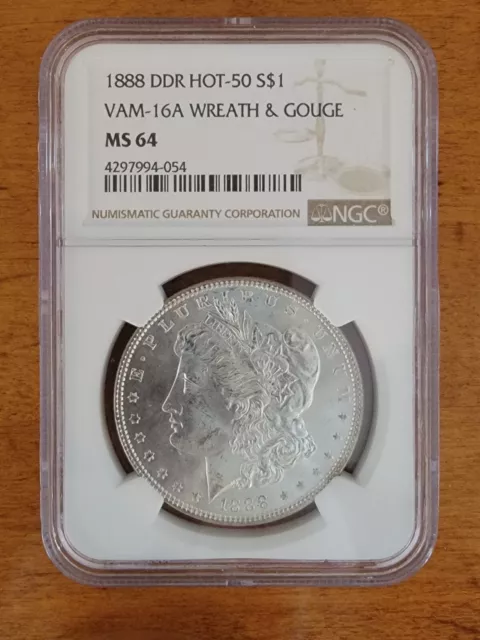 1888 Morgan Silver Dollar Hot-50 VAM-16A Wreath & Gouge NGC MS64 DDR