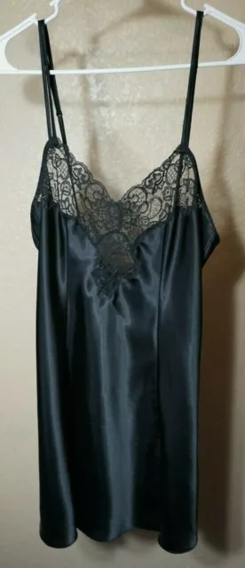 Beautiful black chemise silky satin feel adj straps lace accent