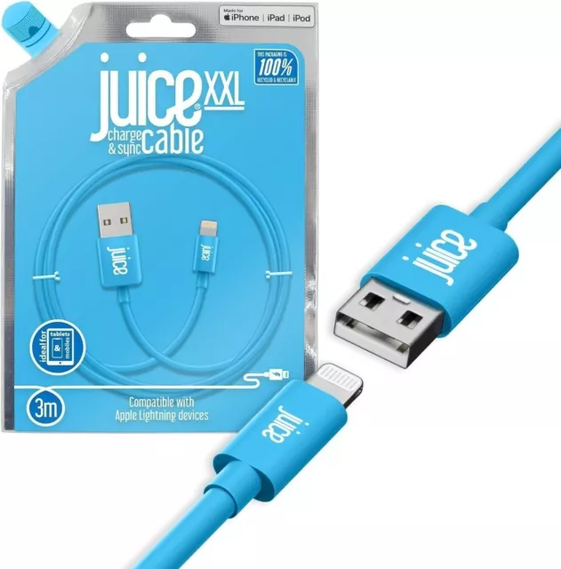 Juice 3m Charge and Sync Lightning Cable, Aqua, MFi-Certified, Apple Compatible