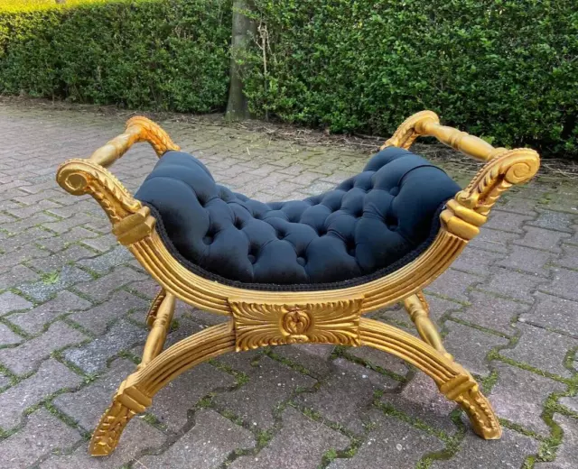 Exquisite French Louis XVI Style Bench in Black Velvet With Gold Leaf Frame