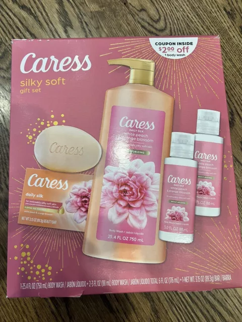 NEW Caress Silky Soft Gift Set 3 BODY WASH+ BEAUTY BARS White Peach Orange