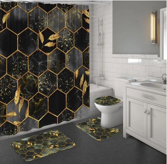 MitoVilla Black Gold Marble  Bathroom Sets, Shower Curtain Sets