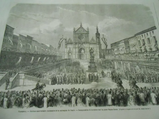 Gravure 1865 - Florence 6ème anniversaire centenaire naissance de Dante Statue