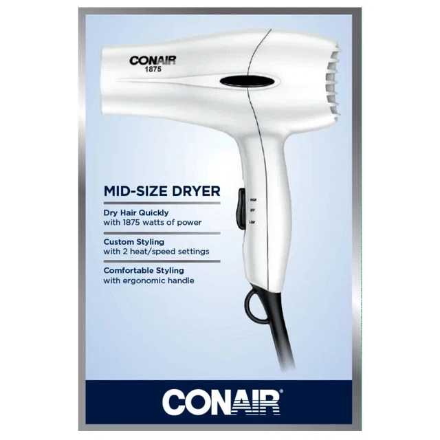 Conair 1875 Watt Mid-Size Dryer, balanced and lightweight for Powerful Drying an