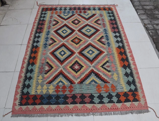 4'2 x 5'8 Hand woven vintage afghan tribal ghalmouri kilim rug, Persian rug 4x6 4'2 x 5'8 Hand woven vintage afghan tribal ghalmouri kilim rug, Persian rug 4x6