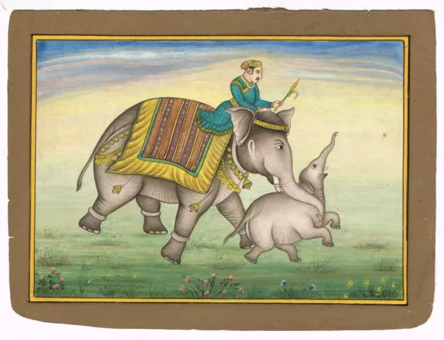 Mano Pintura Miniatura De Elefante Con Un Bebé Elefante sobre Papel 19.1x14cm