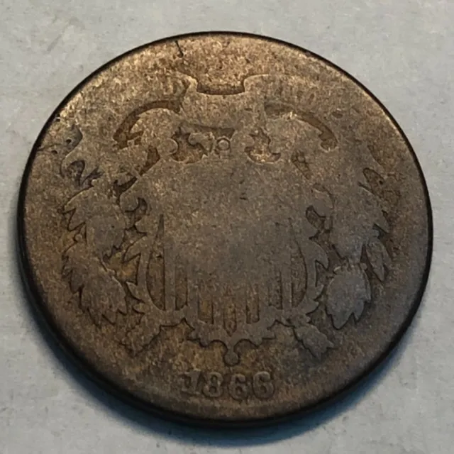 1866 copper U.S. two-cent piece. AG 2c. #e1