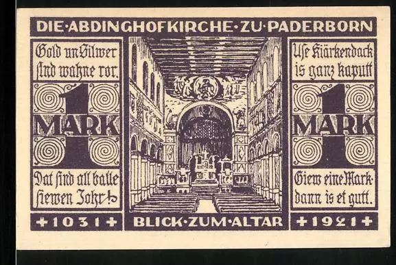 Notgeld Paderborn 1921, 1 Mark, Abdinghofkirche mit Blick zum Altar