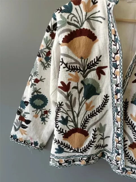 Indien Blanc Coton Suzani Veste Femmes Vêtements Floral US 3