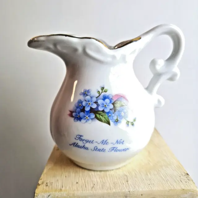 Small Vintage Ceramic Milk Jug Creamer Souvenir from Alaska USA Forget Me Nots