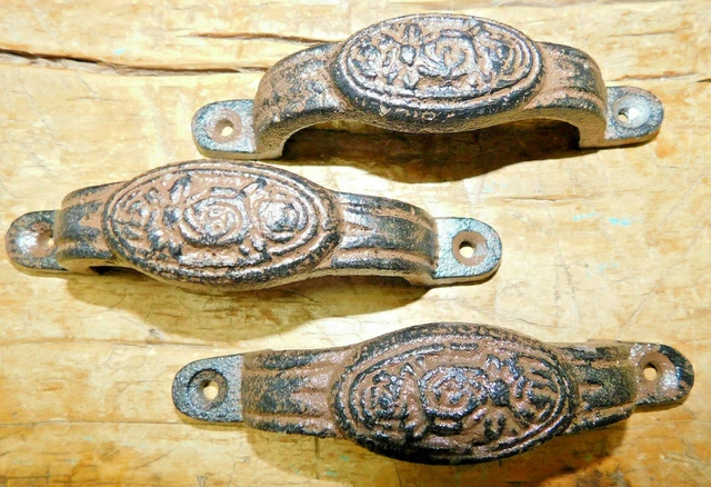 12 Cast Iron Antique Style OVAL ROSE Strap Barn Handle Gate Pull Door Handles