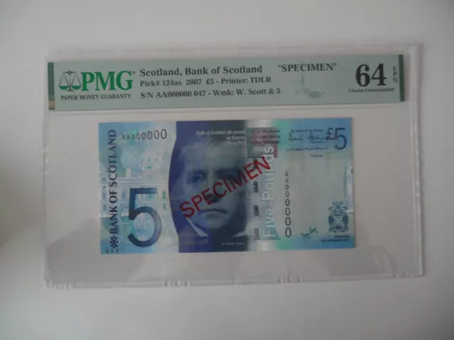 BANK OF SCOTLAND 2007 £5 SPECIMEN P124as PMG64EPQ very rare  