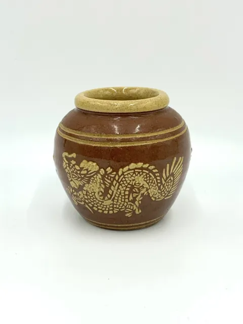 Vintage Siam Yim Sa Ra E Thai Ceramic Chinese Dragon Pottery Water Jar Pot 8cm