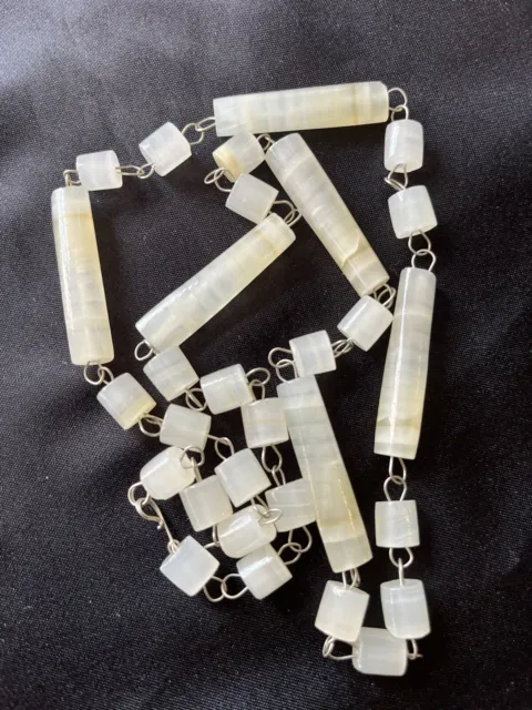 Vintage Retro Banded Calcite Mexican Onyx Stone Bead Necklace Artsy Boho 422